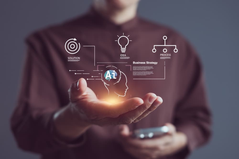 Businessman,Presenting,Ai-powered,Business,Strategy,Concept,With,Floating,Digital,Icons