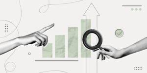 Trendy Halftone Collage Hand holding magnifying glass with up chart. Stock market statistics chart. Finance business data graph. Trending upwards.